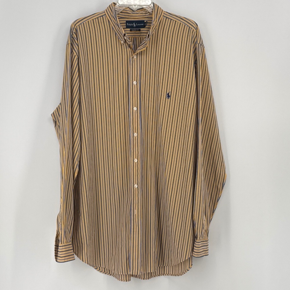 Ralph Lauren Classic Fit Mens Shirt XLT Yellow Blue Striped Long Sleeve Cotton
